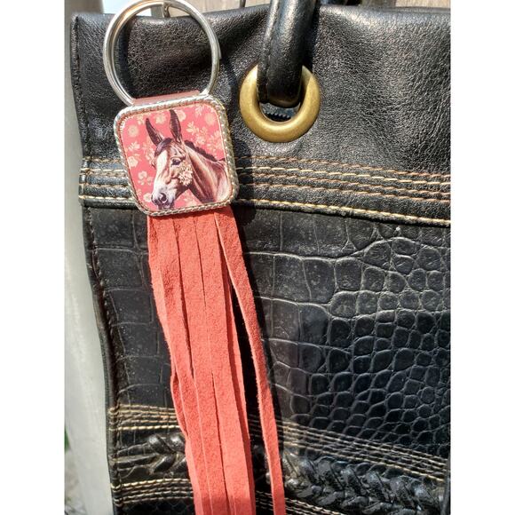 Handmade mule lover boho Leather Fringe Western bag charm, Long fringe keychain - Picture 1 of 5